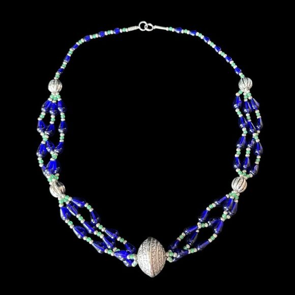 Tibetan Cobalt Blue Glass Bead Multi Strand Necklace - Picture 1 of 4
